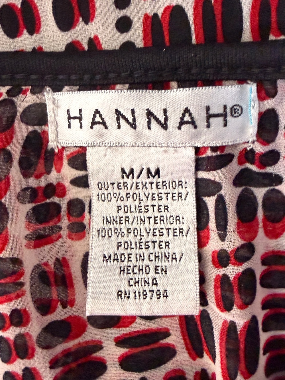 Hannah Geometric Print Bubble Hem Blouse Medium Black Red Sheer 3/4 Sleeve - Picture 9 of 11